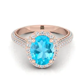 14K Rose Gold Oval Swiss Blue Topaz Micro-Pavé Halo With Pave Side Diamond Engagement Ring -7/8ctw