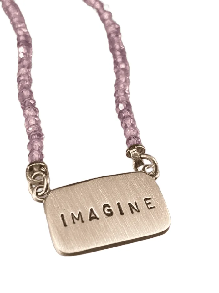 16"-18” Sterling Silver 'Imagine' Tag Necklace on Amethyst