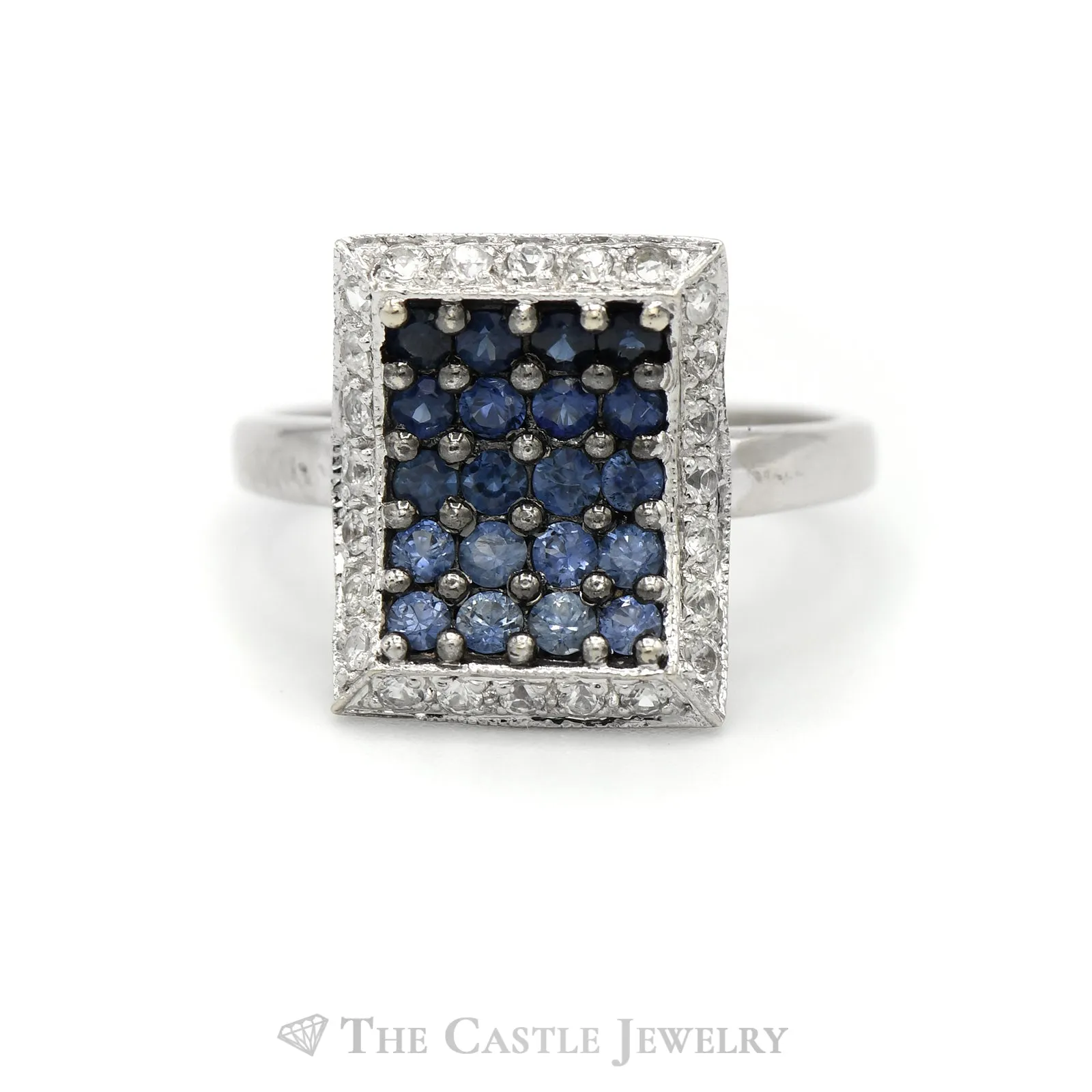 Blue Topaz Cluster Square Ring with Topaz Halo in 14KT White Gold