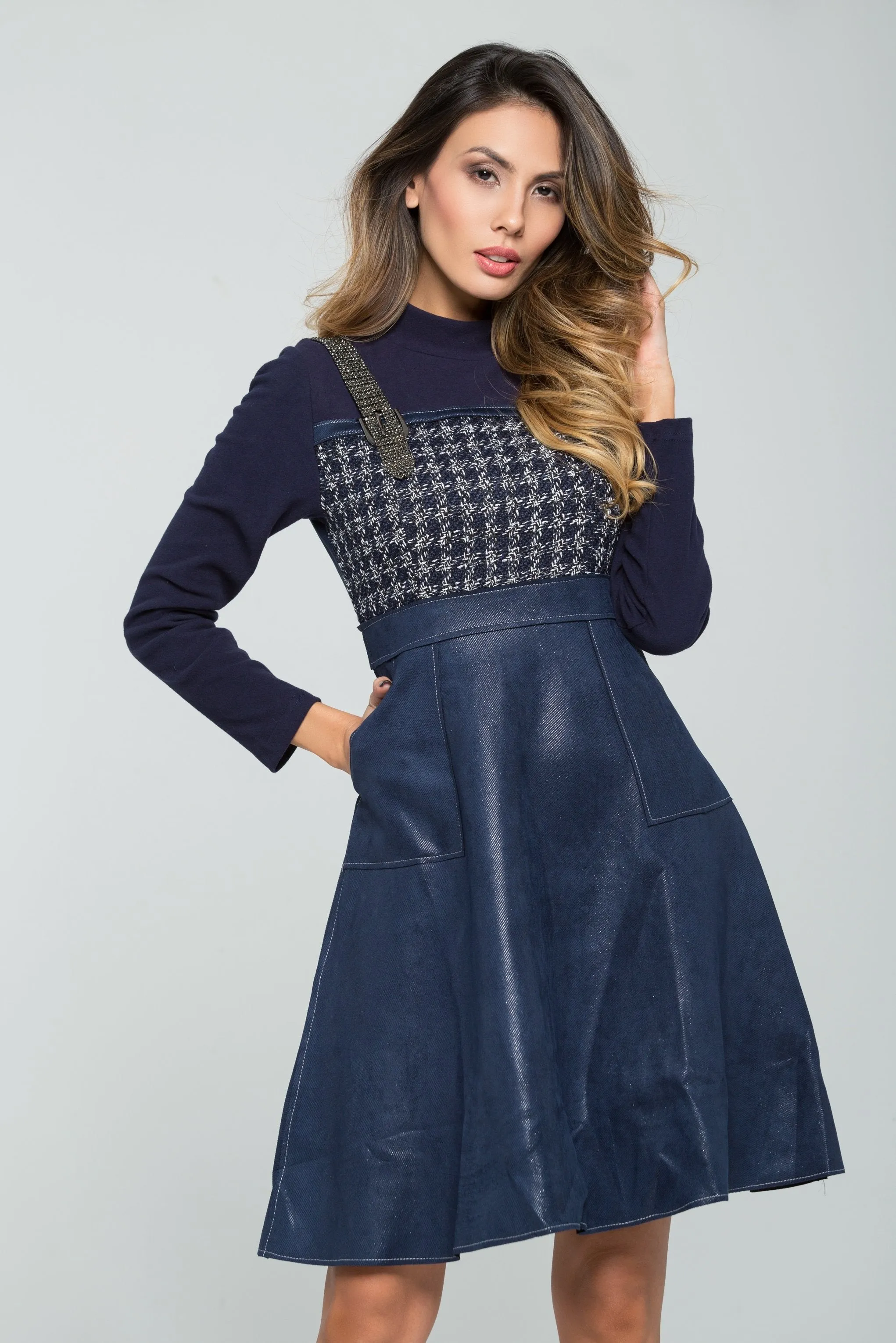 Cobalt Blue Full Sleeves Houndstooth Detail Midi Dress