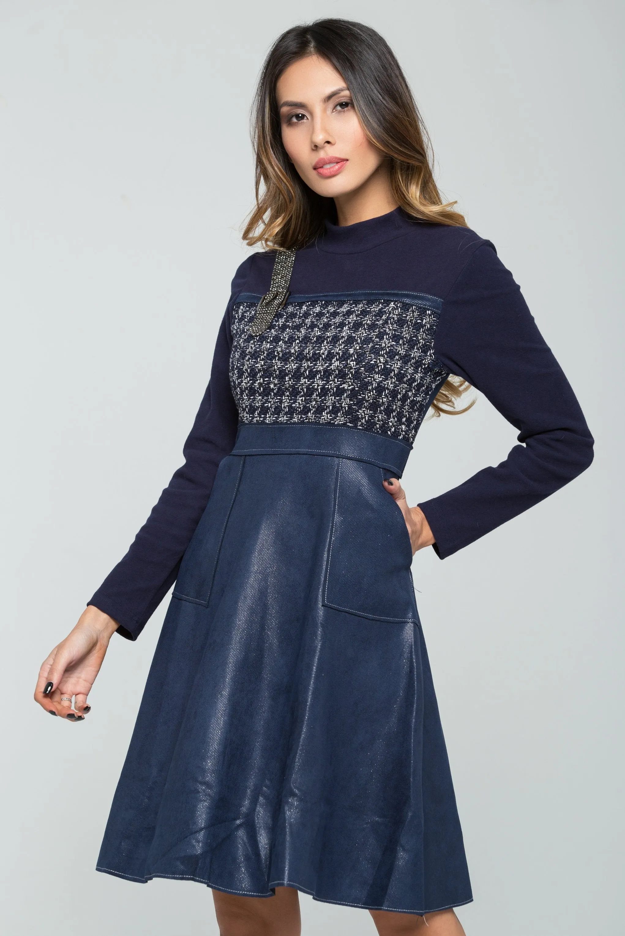 Cobalt Blue Full Sleeves Houndstooth Detail Midi Dress