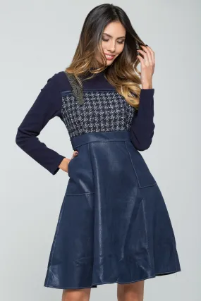 Cobalt Blue Full Sleeves Houndstooth Detail Midi Dress