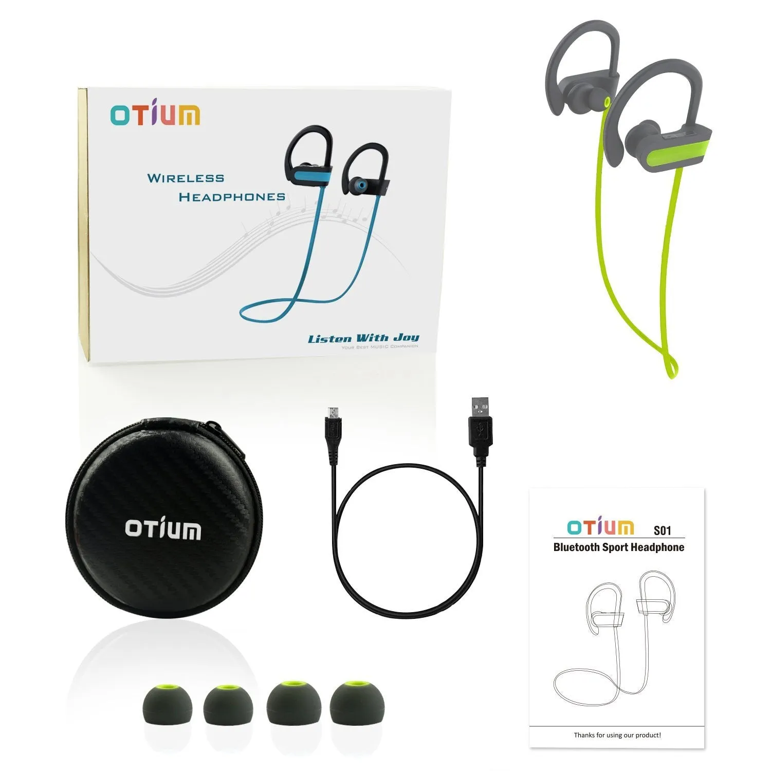 Otium Wireless Bluetooth Sports Headphones In-Ear Earbuds Sweatproof Earphones Stereo with Mic Bass Noise Cancelling Bluetooth V4.1 for iPhone Android Smartphones